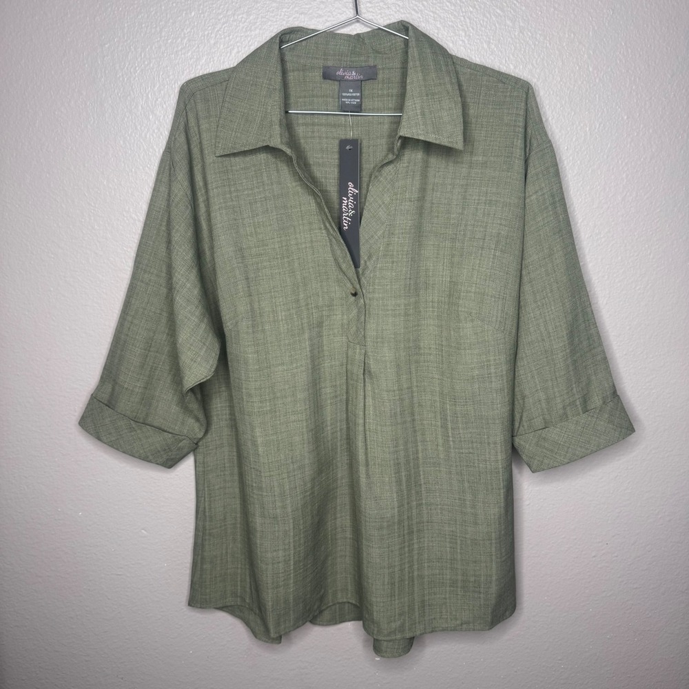 Olivia & Martin Womens 1X Green Button Front Collared 3/4 Sleeve Shirt Top